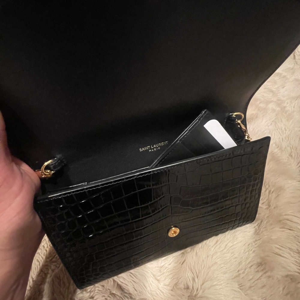 YSL Uptown Croc Embossed Leather Chain Wallet - Picture 6 of 8